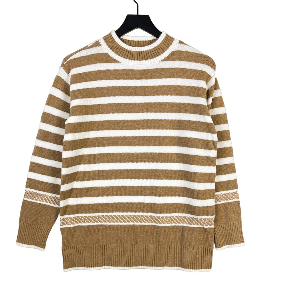 Ann Taylor SP Small Petite Acrylic Stripe 3/4 Sleeve Mock Sweater Beige Soft